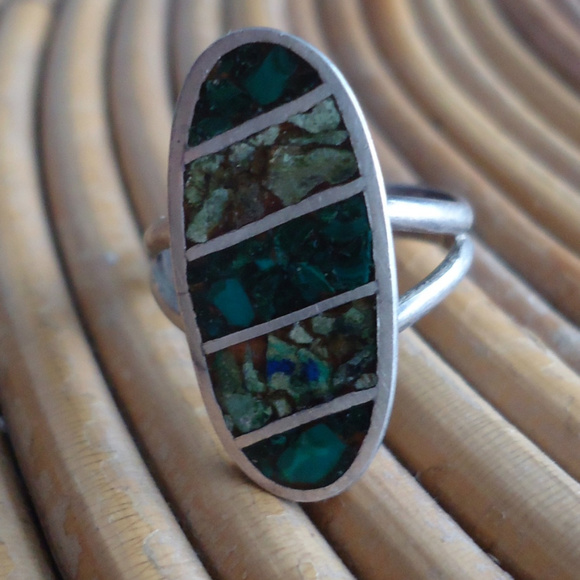 1960s Hippie Boho Silver & Chip Inlay Artisan Ring - Picture 3 of 4